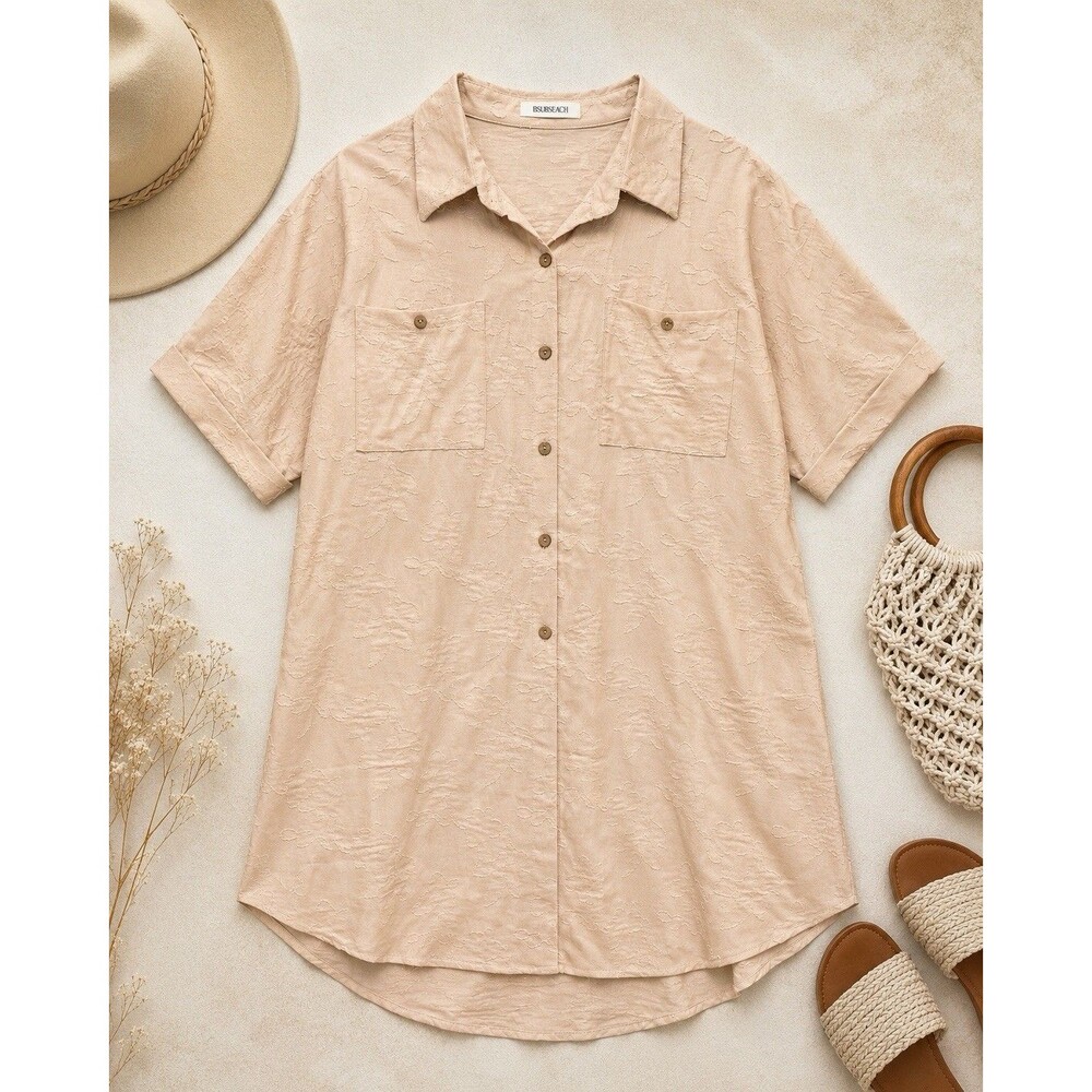 Bsubseach Women's XXL Beige Textured Floral Button Front Shirt Dress Tunic